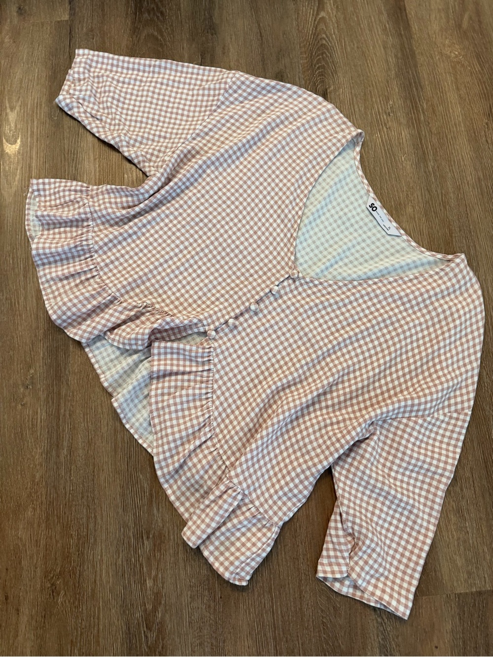 SO Peach Gingham Ruffle Button-Front Blouse